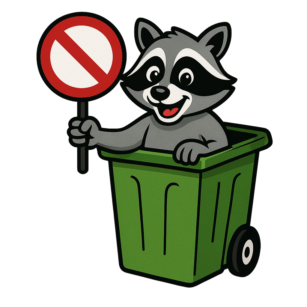 Raccoon Mascot for Clean Sweep Trash Services holding a prohibited sign